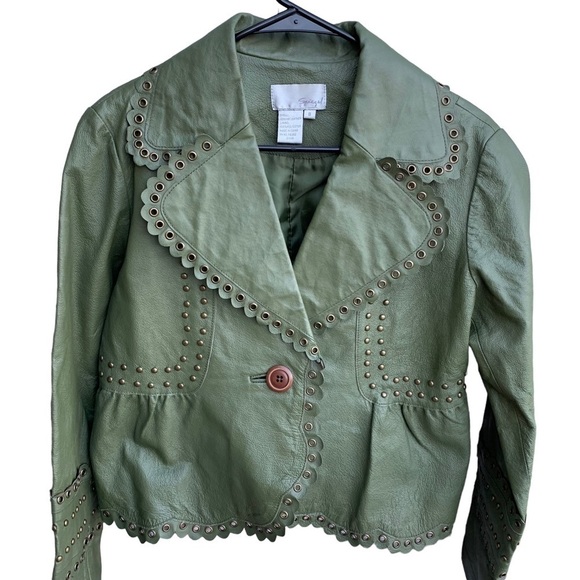 Vintage Spiegel Olive Green Leather Studded Jacket Women’s Size 8 - Picture 1 of 9